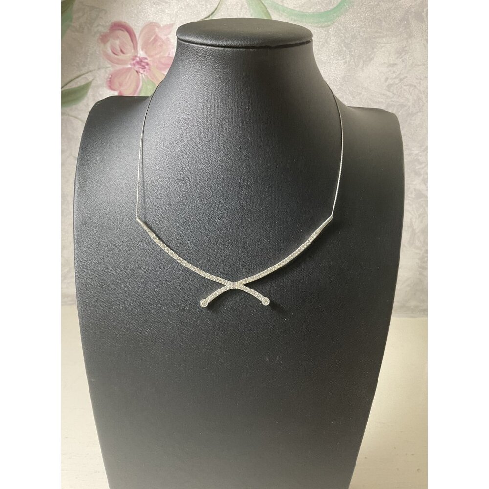 Elegant Silver-Tone Crystal-Studded X-Shape Necklace With Magnetic Clasp